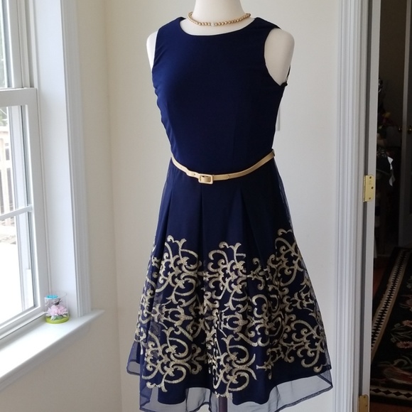 navy blue and gold cocktail dress